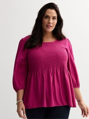 NEW Croft & Barrow Women’s Smocked 3/4 Sleeve Blouse (2X) Dark Pink-Magenta